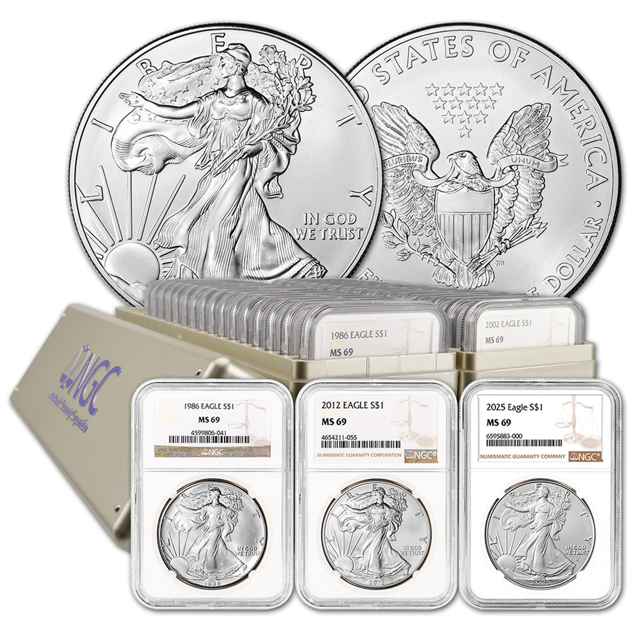 1986 (S) SILVER EAGLE NGC MS69 EARLY PRODUCTION STRUCK AT