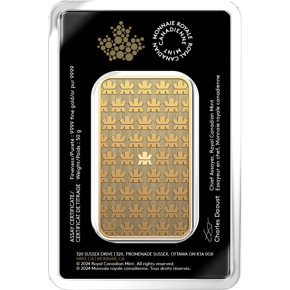 50 gram Gold Bar - Royal Canadian Mint (RCM) - .9999 Fine in Assay
