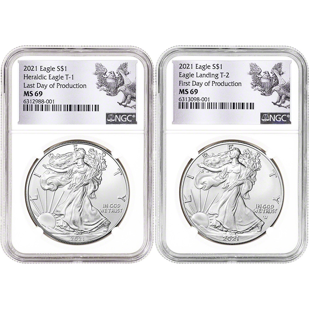 2021 American Silver Eagle T1 T2 Set - NGC MS69 First and Last Day