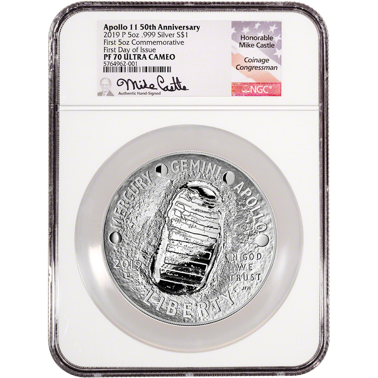 2019 P Apollo 11 Commemorative 5 oz Proof Silver $1 NGC PF70 First