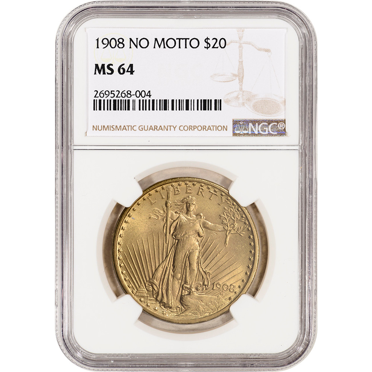 US Gold $20 Saint-Gaudens Double Eagle - NGC MS64 - 1908 No Motto 