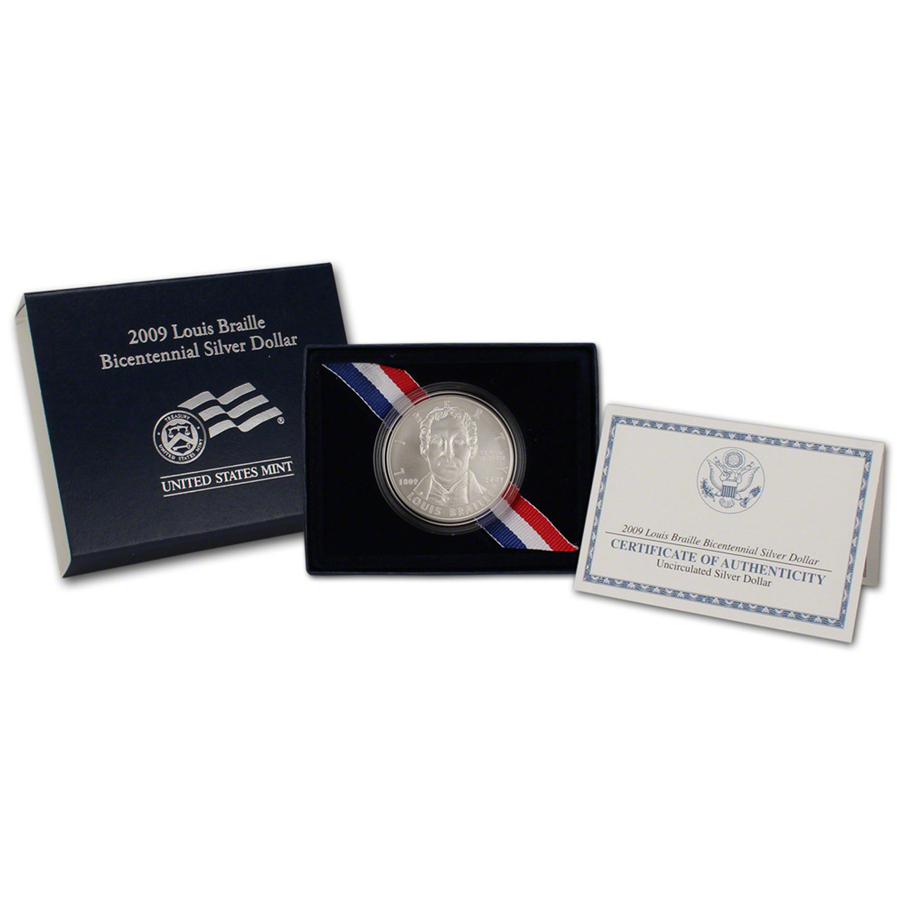 2009 Louis Braille Bicentennial Silver Dollar containing 90