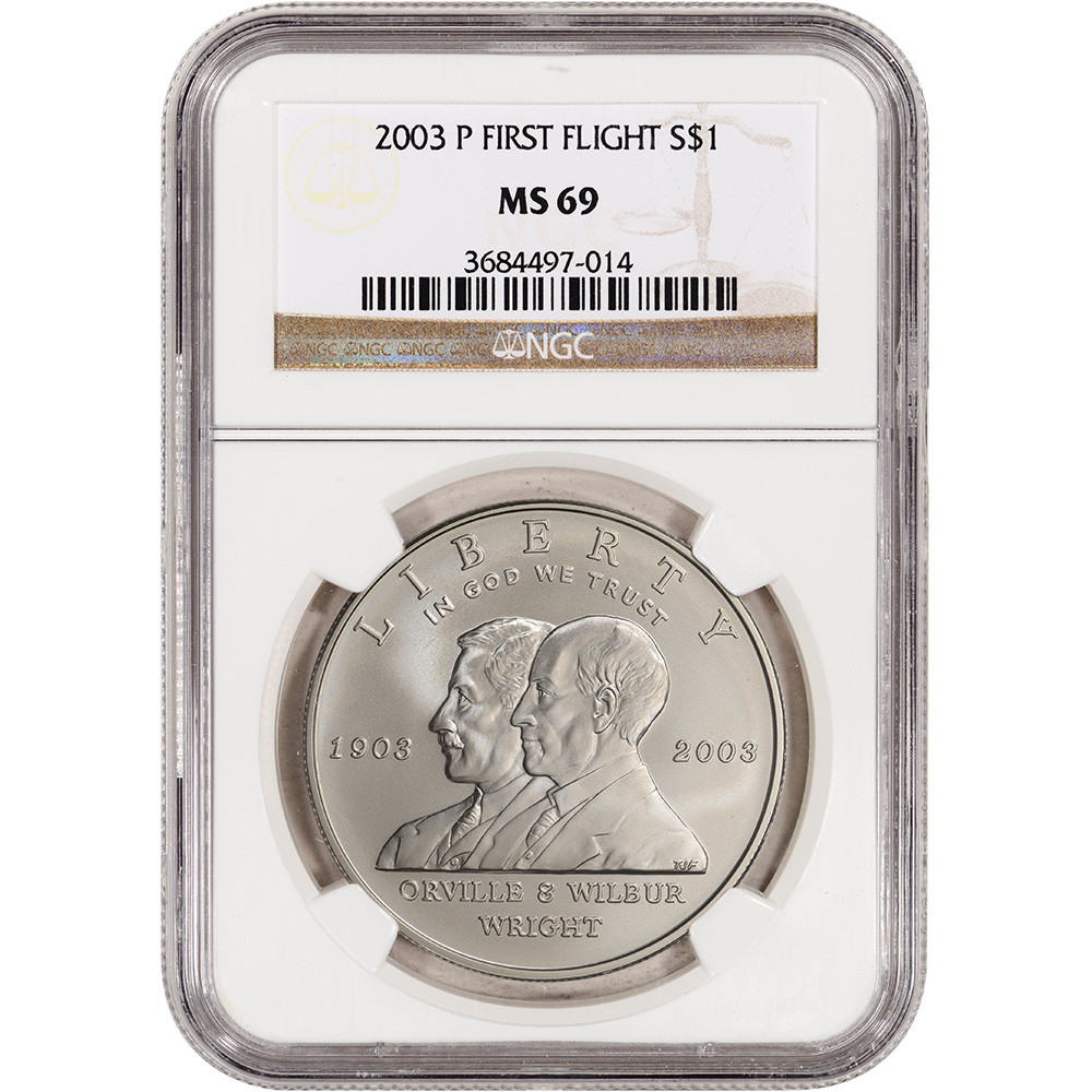 2003-P US First Flight Commemorative BU Silver Dollar - NGC MS69