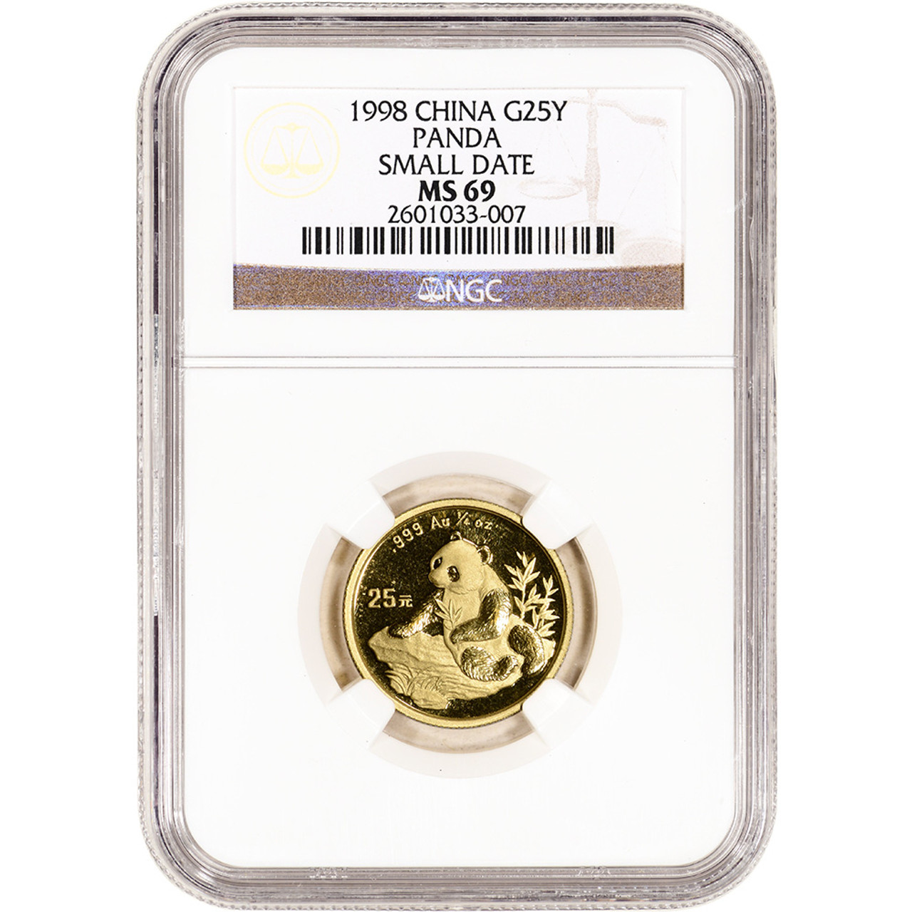 1998 China Gold Panda 1/4 oz 25 Yuan - Small Date - NGC MS69 [WG