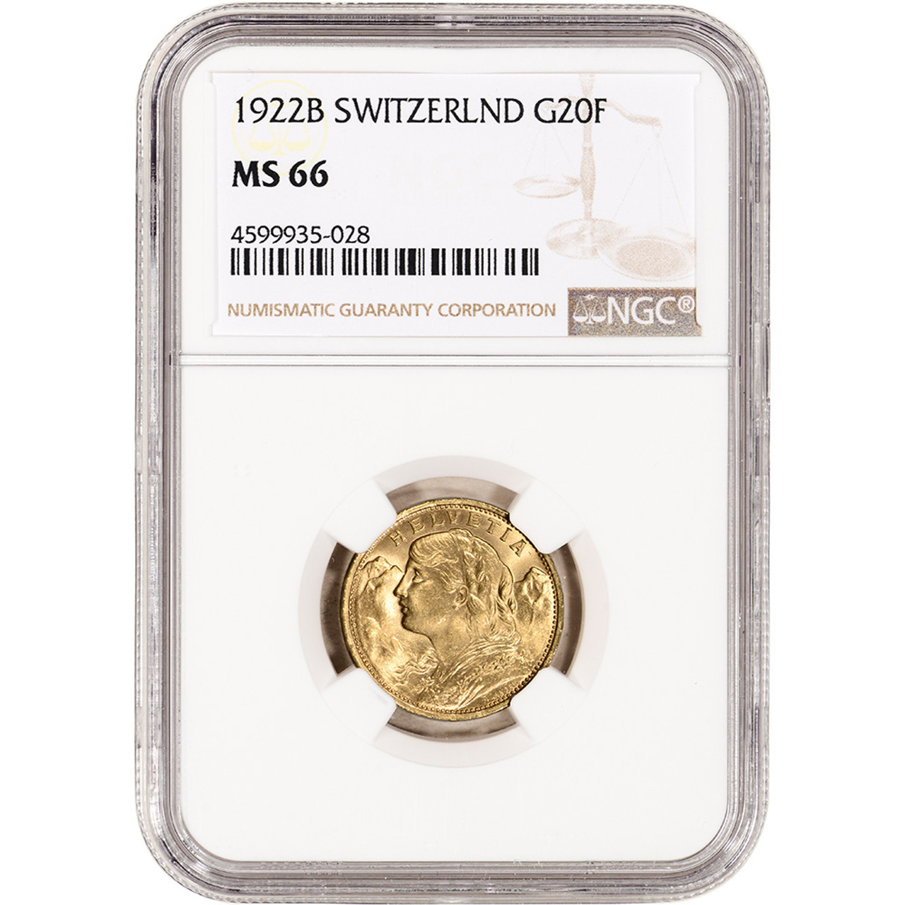 1922 B Switzerland Gold 20 Francs - NGC MS66 [WG-02547] - Liberty Coin