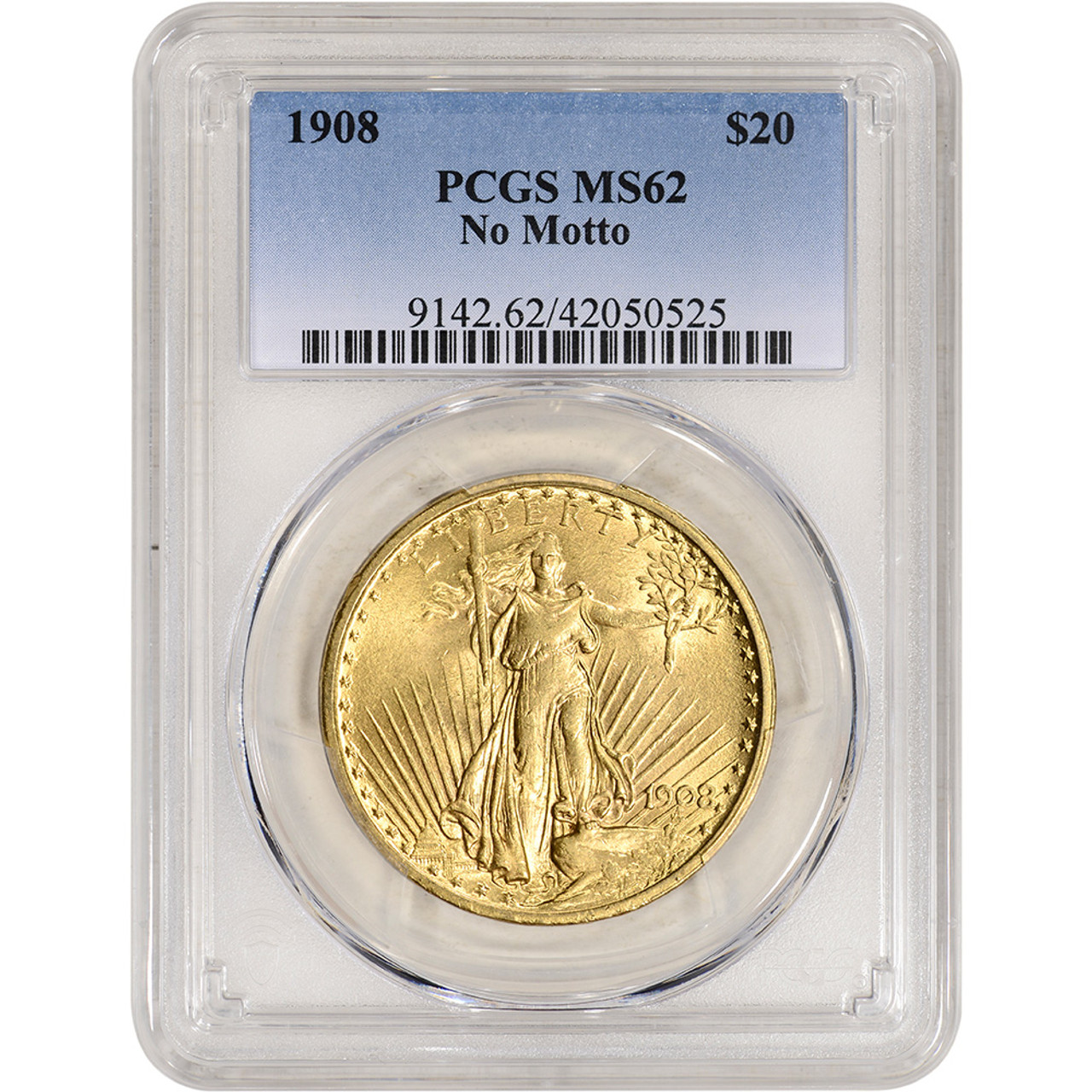 US Gold $20 Saint-Gaudens Double Eagle - PCGS MS62 - 1908 No Motto