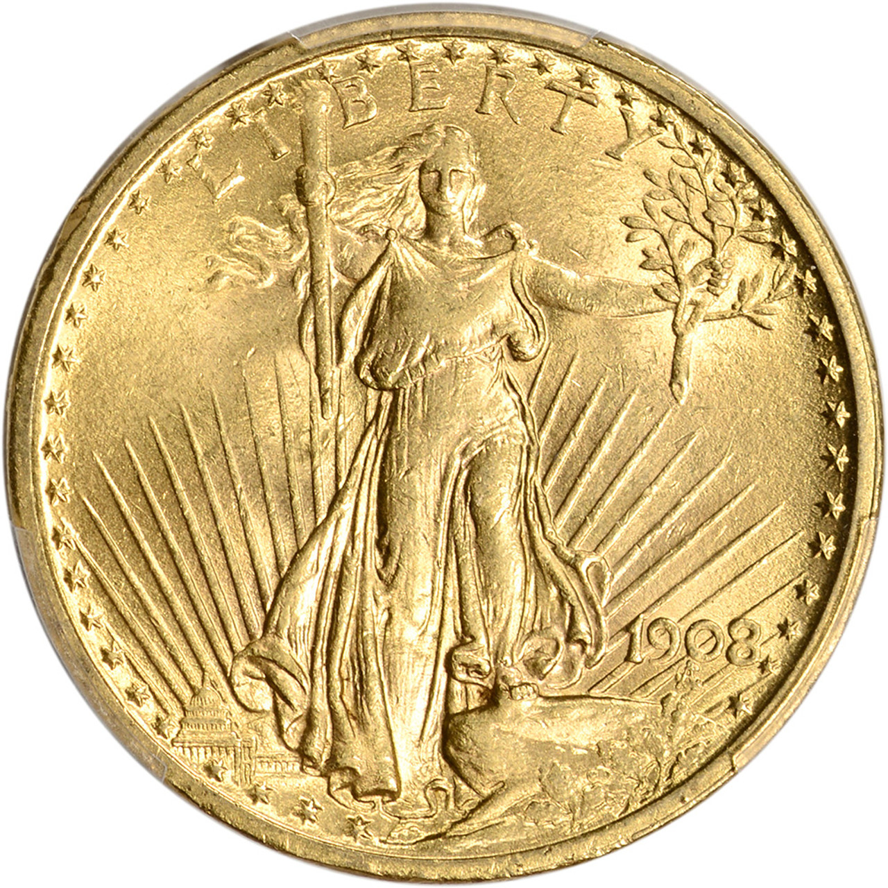 US Gold $20 Saint-Gaudens Double Eagle - PCGS MS62 - 1908 No Motto