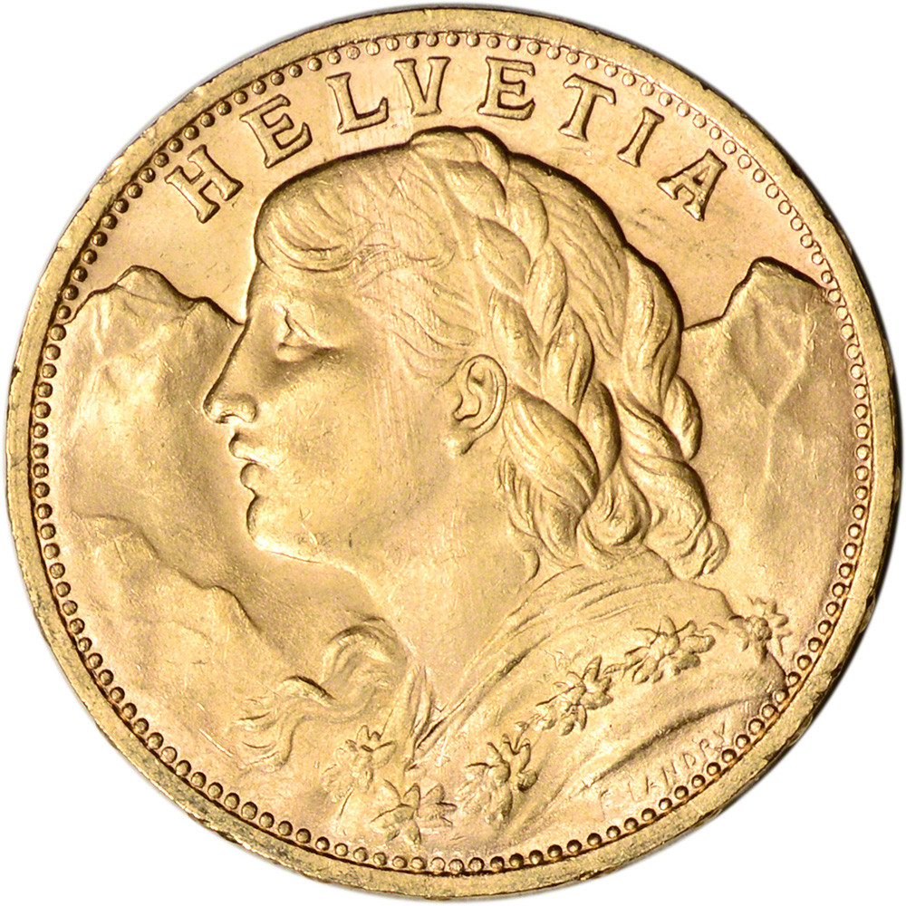 Swiss Gold 20 Francs (.1867 oz) - Helvetia - BU - Post 1933