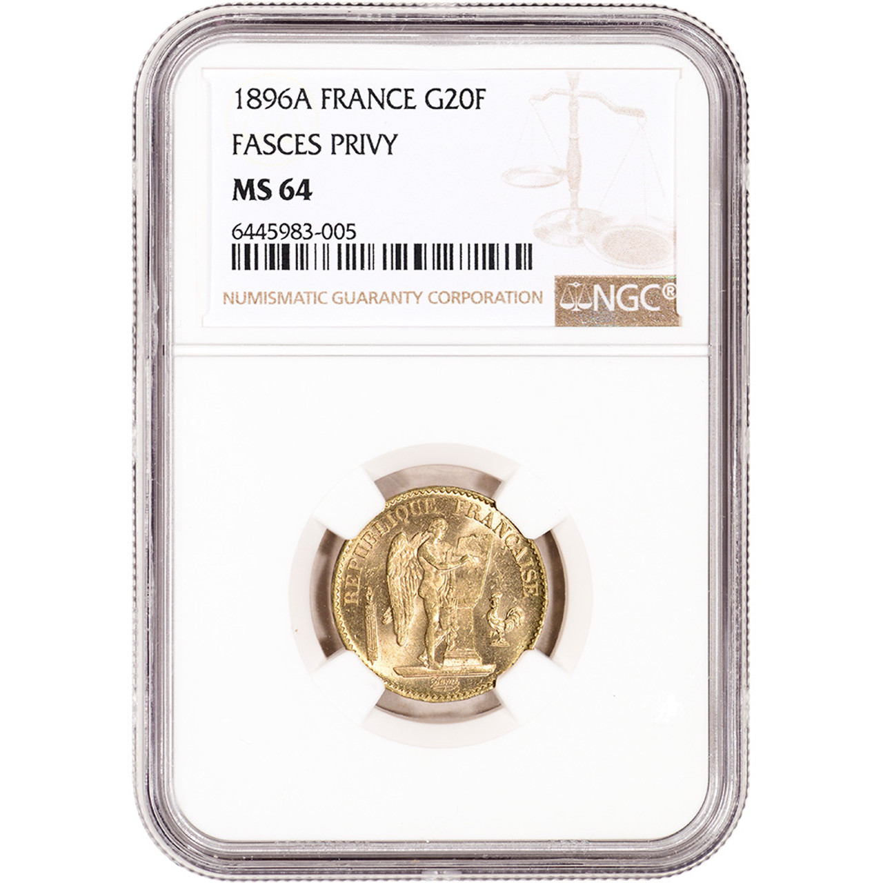 1896 A France Gold 20 Francs - NGC MS64 Fasces Privy [WG-02659