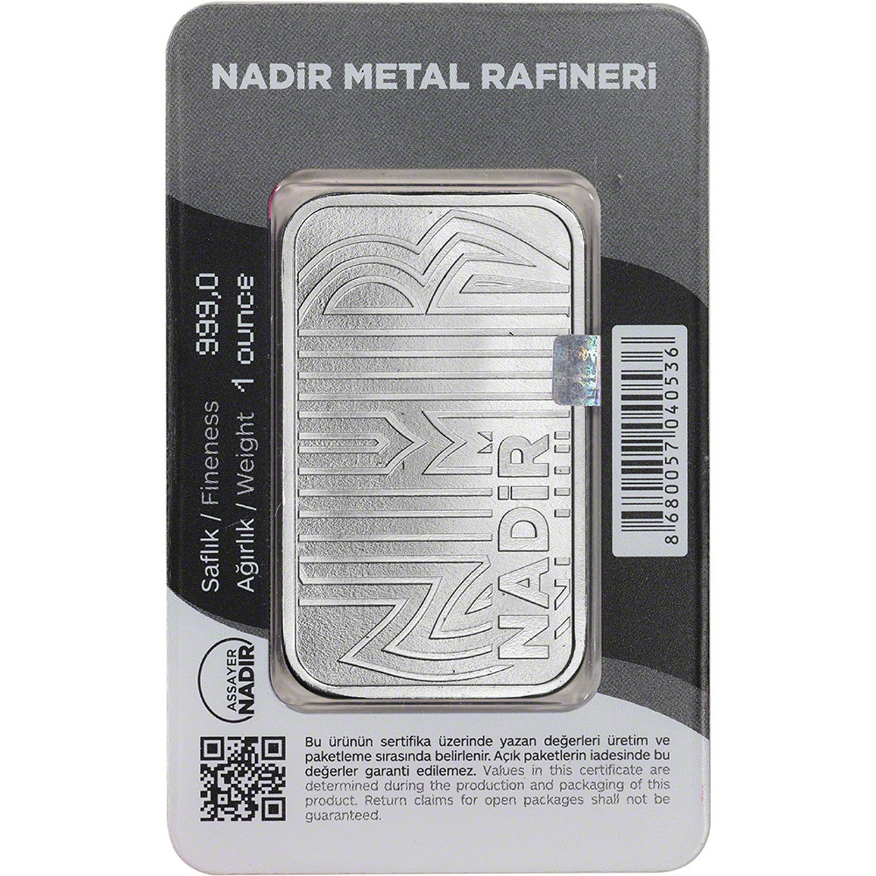 1 oz Silver Bar Nadir Metal Rafineri NMR - .999 Fine in Assay