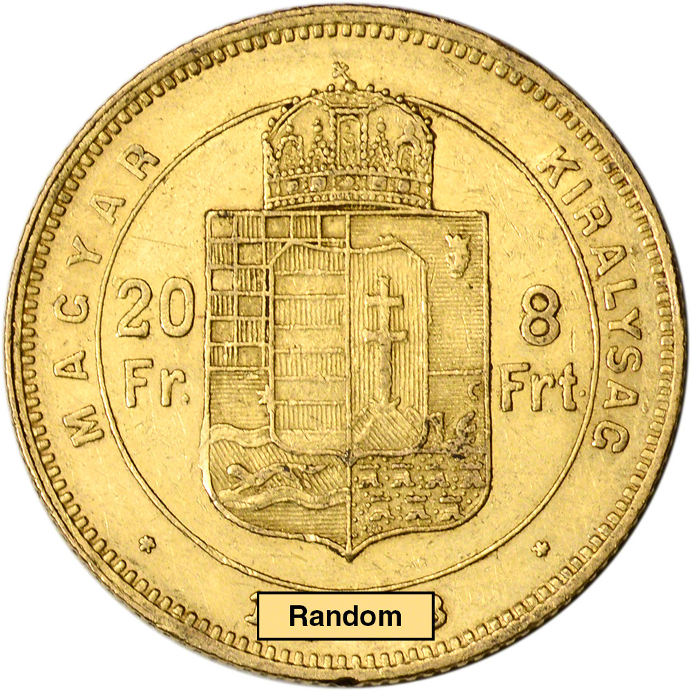 Hungary Gold 8 Forint 20 Francs .1867 oz Franz Joseph I Average