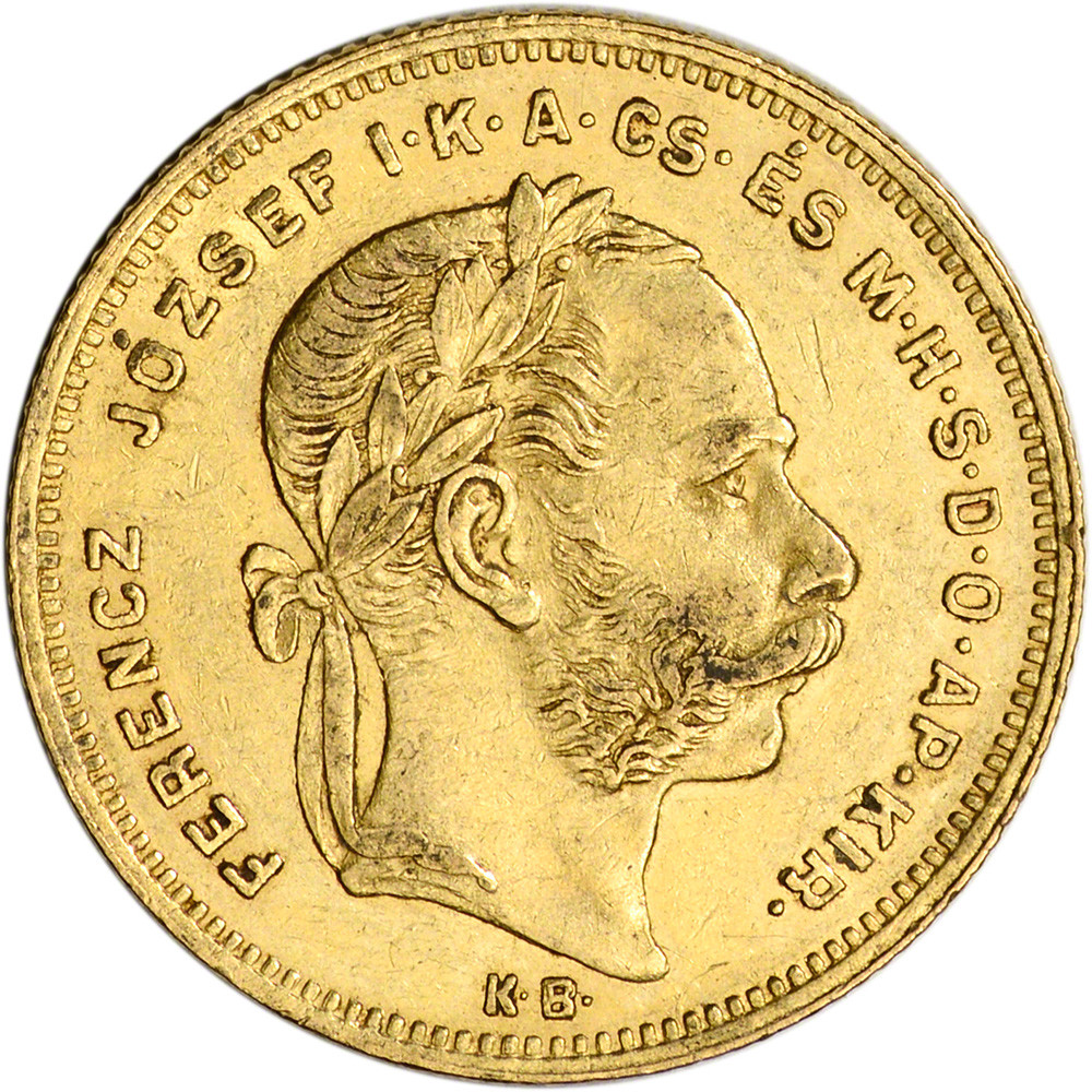 Hungary Gold 8 Forint 20 Francs .1867 oz Franz Joseph I Average
