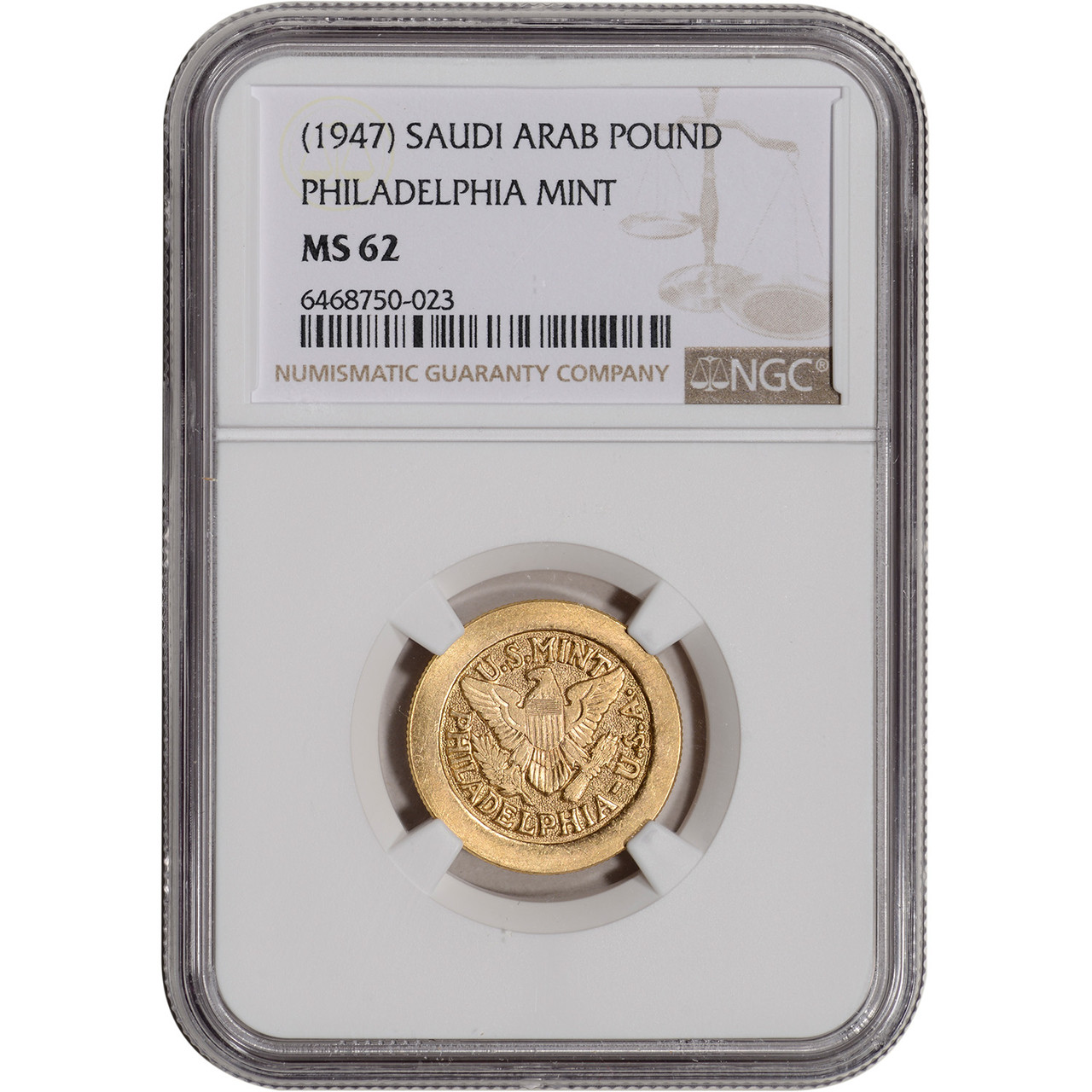 1947) Saudi Arabia Gold Pound Philadelphia Mint - NGC MS62