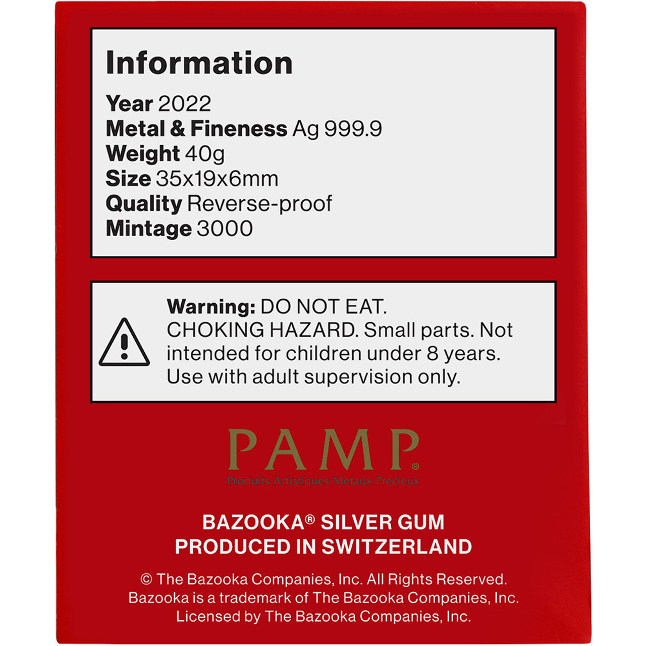 40 gram PAMP Suisse Silver Bazooka Bubble Gum Bar 999.9 Fine with