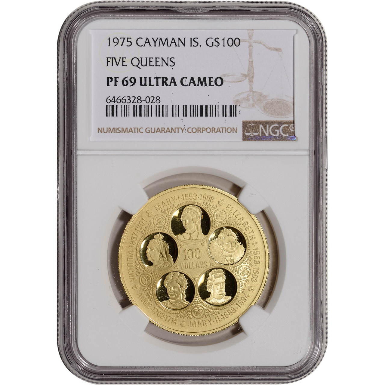 1975 Cayman Islands Gold Five Queens Proof $100 - NGC PF69 UCAM