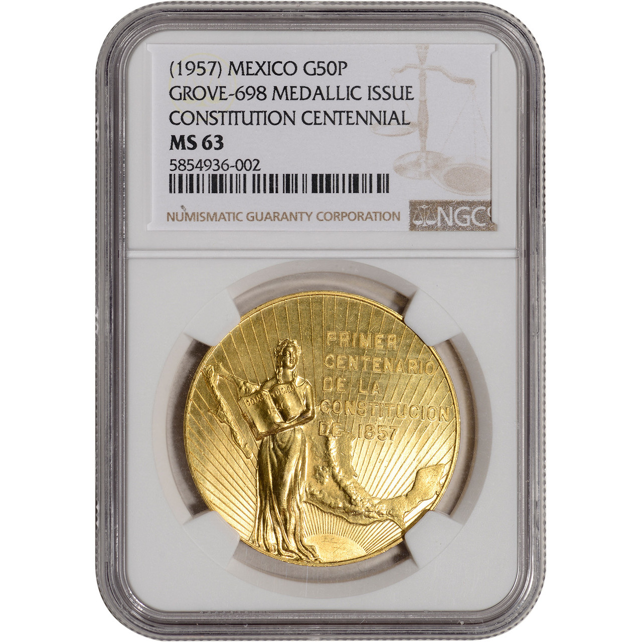 1957) Mexico Gold Constitution Centennial 50 Pesos 1.2056 oz NGC