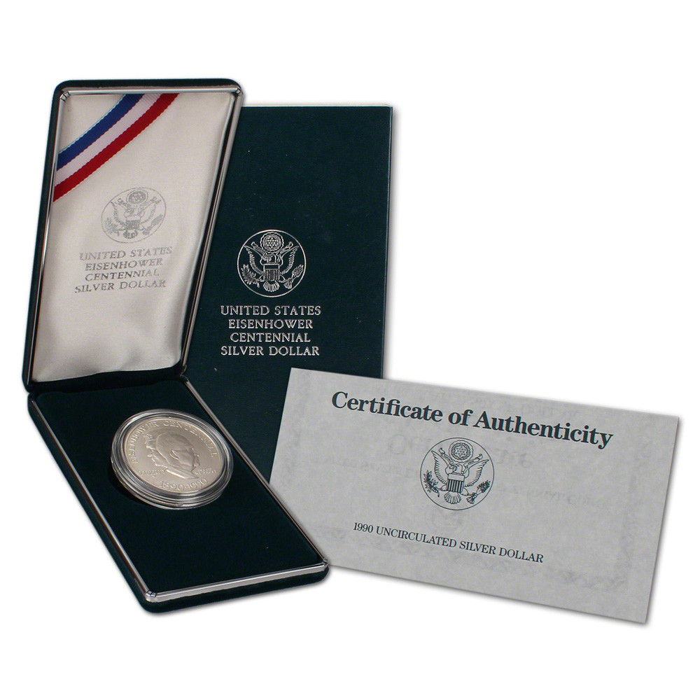 1990 W US Eisenhower Commemorative BU Silver Dollar in OGP [US-MC