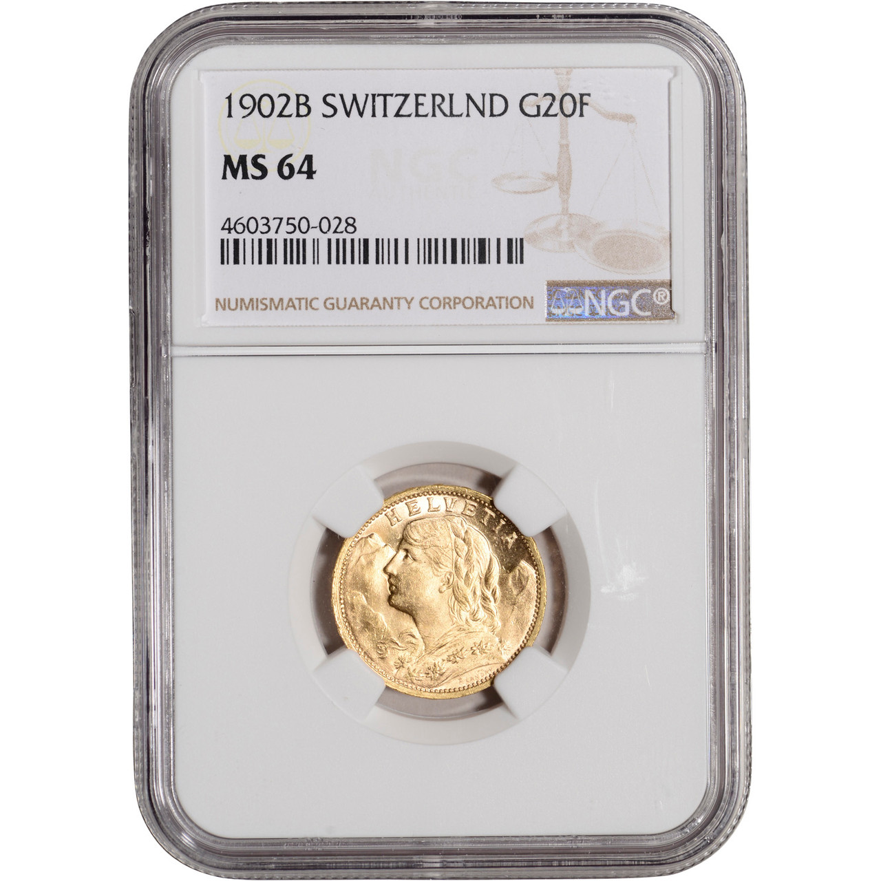 1902 B Switzerland Gold 20 Francs - NGC MS64 [WG-02848] - Liberty Coin