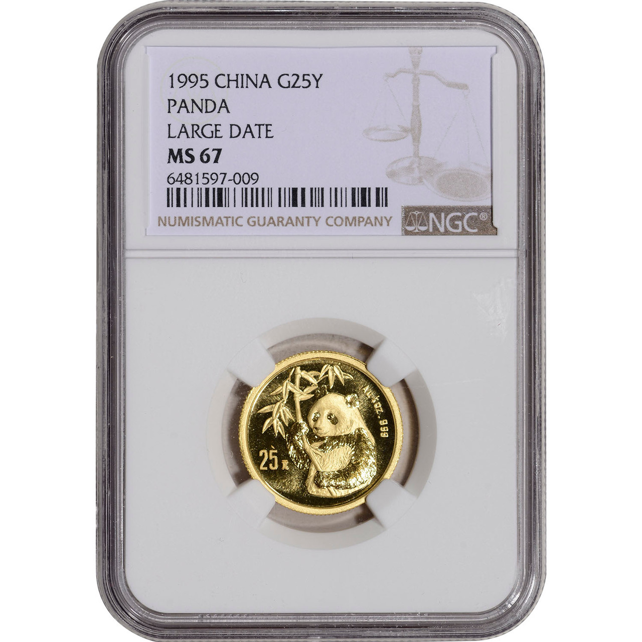 1995 China Gold Panda 1/4 oz 25 Yuan - Large Date - NGC MS67