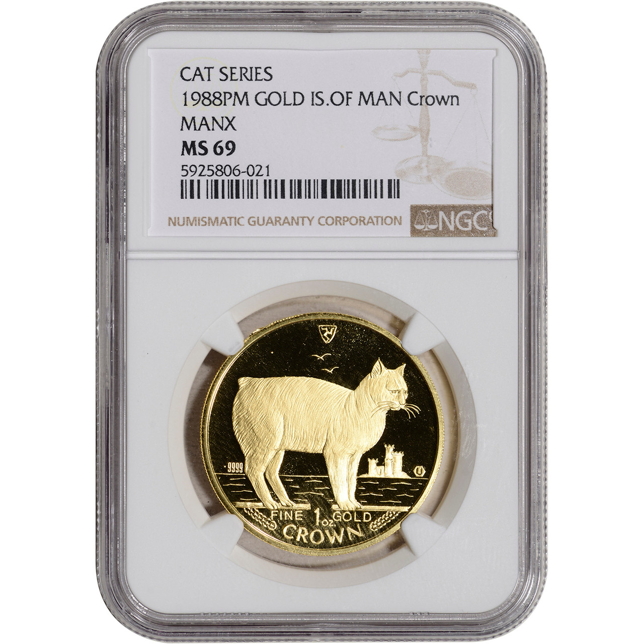 1988 PM Isle of Man Gold 1 Crown - Cat Series - Manx - NGC MS69