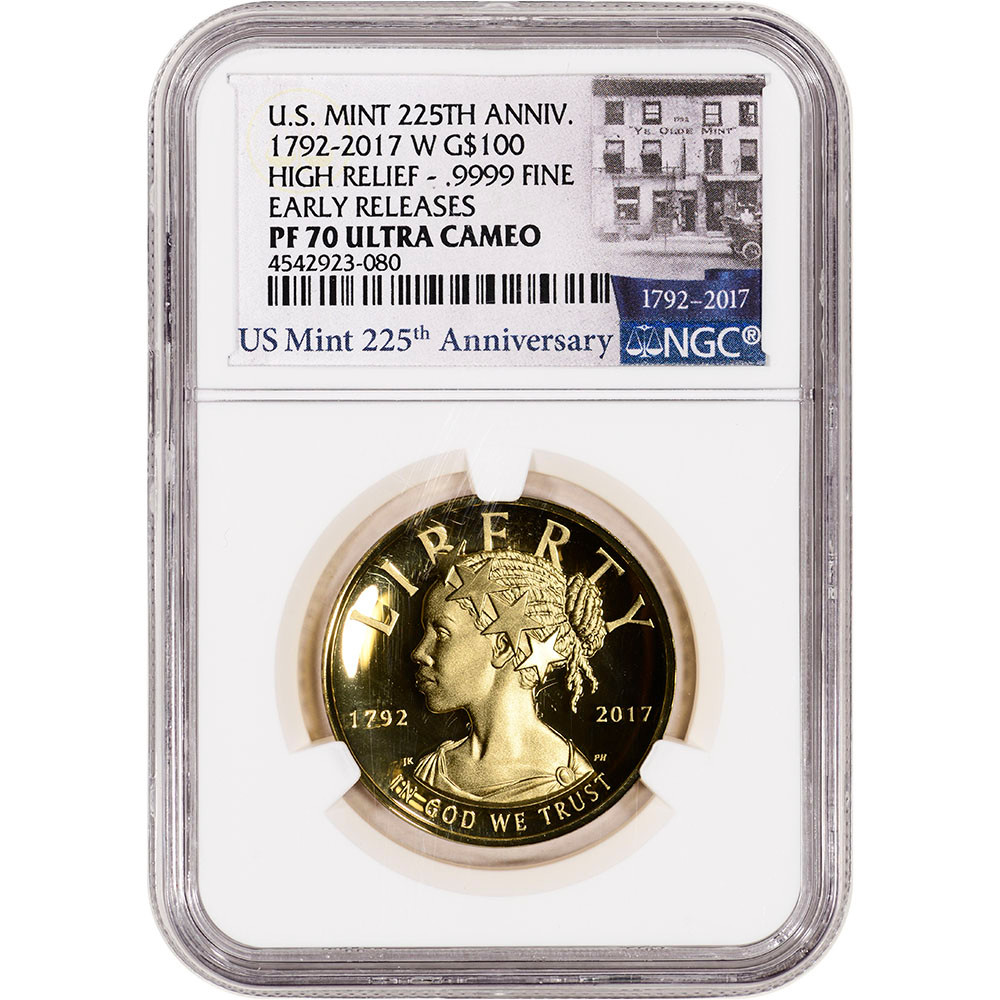 【最高鑑定MS70　2017　】アメリカンバッファロー金貨　MINT 225周年 2017 W American Liberty Gold High Relief 1 oz Proof $100 NGC PF70