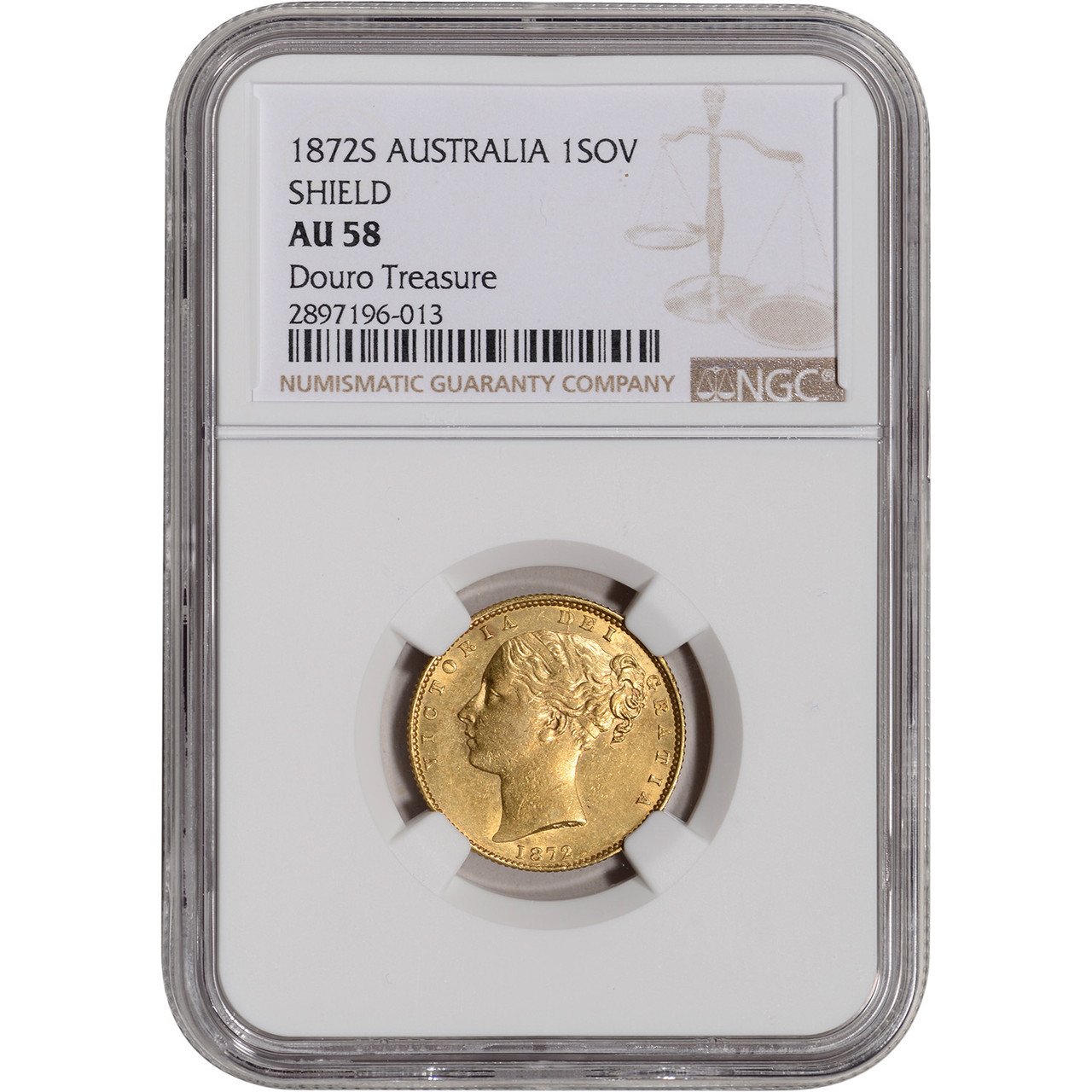 1872 S Australia Gold Sovereign - NGC AU58 Shield Douro Shipwreck