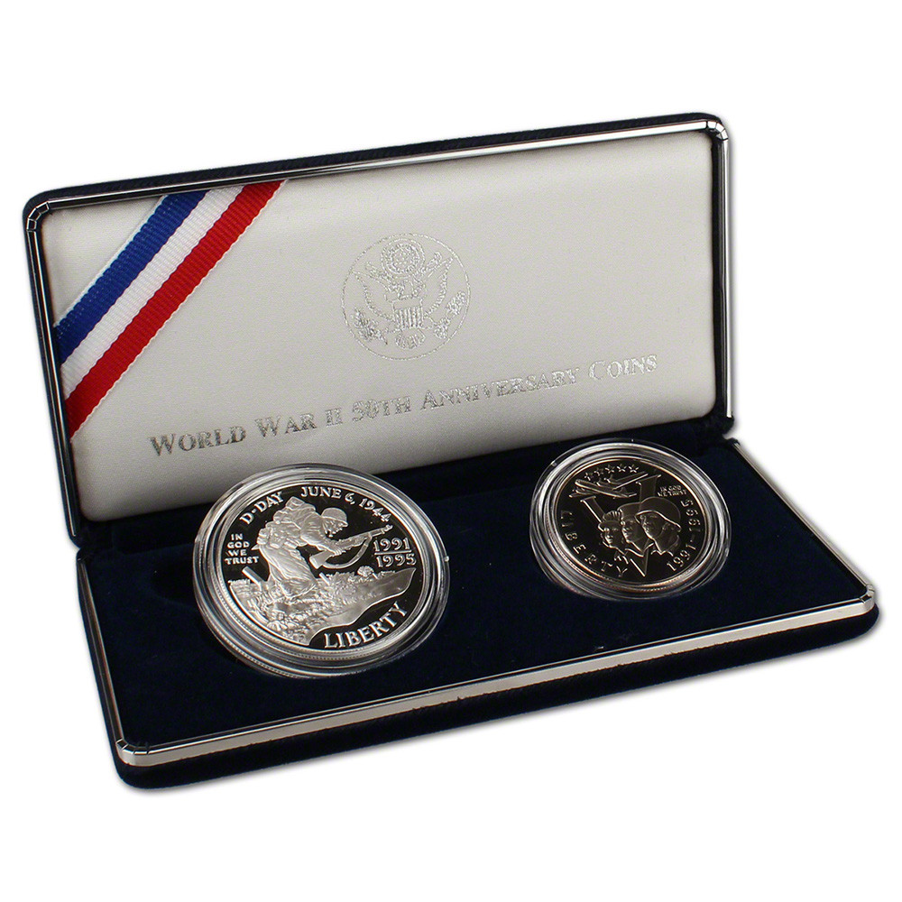 1991 - 1995 US World War II 2 Coin Commemorative Proof Set in OGP