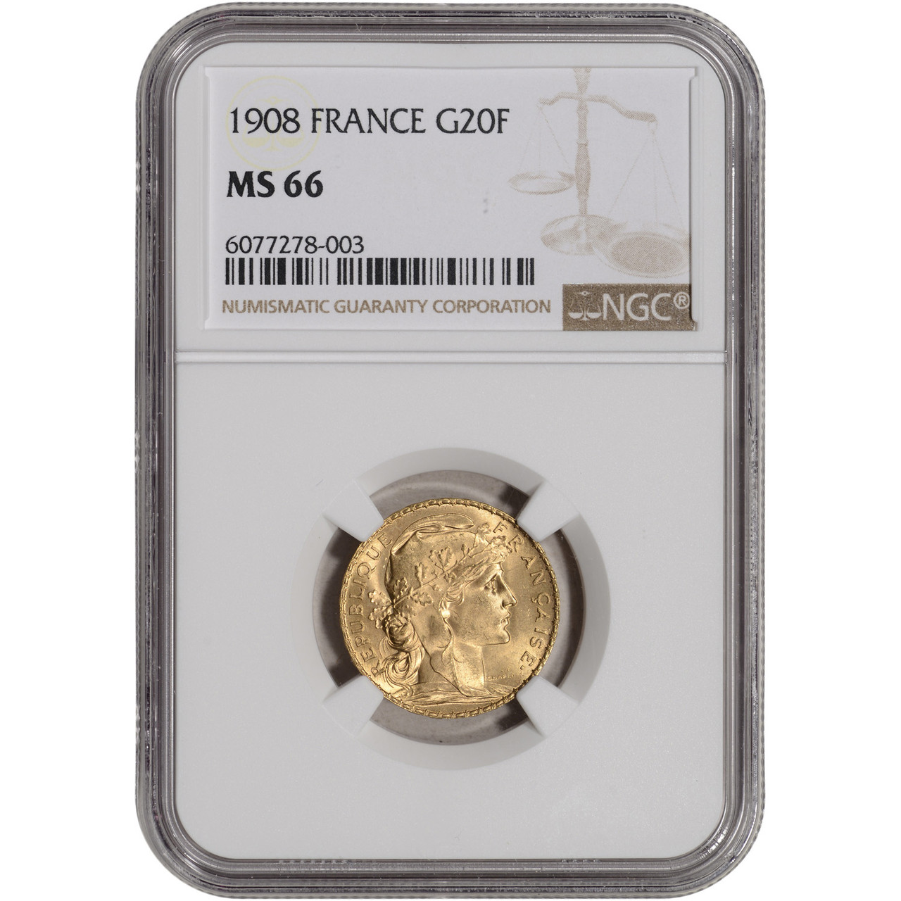 1908 France Gold 20 Francs - NGC MS66 [WG-03019] - Liberty Coin