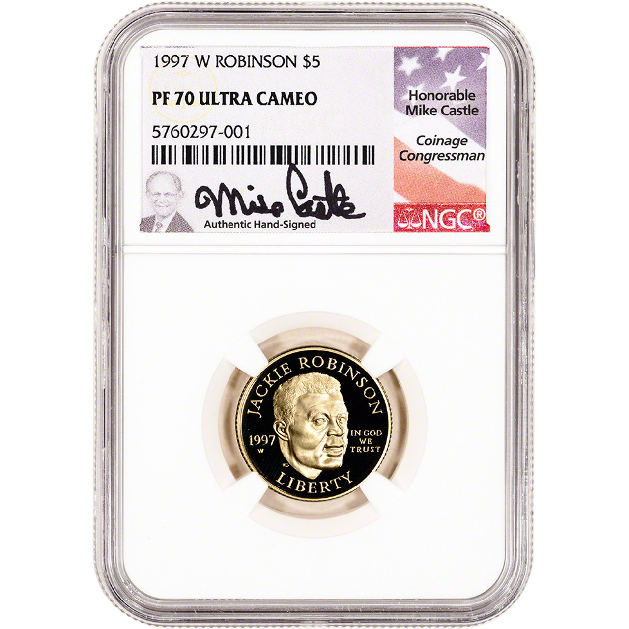 1997 W US Gold $5 Jackie Robinson Commemorative Proof - NGC PF70