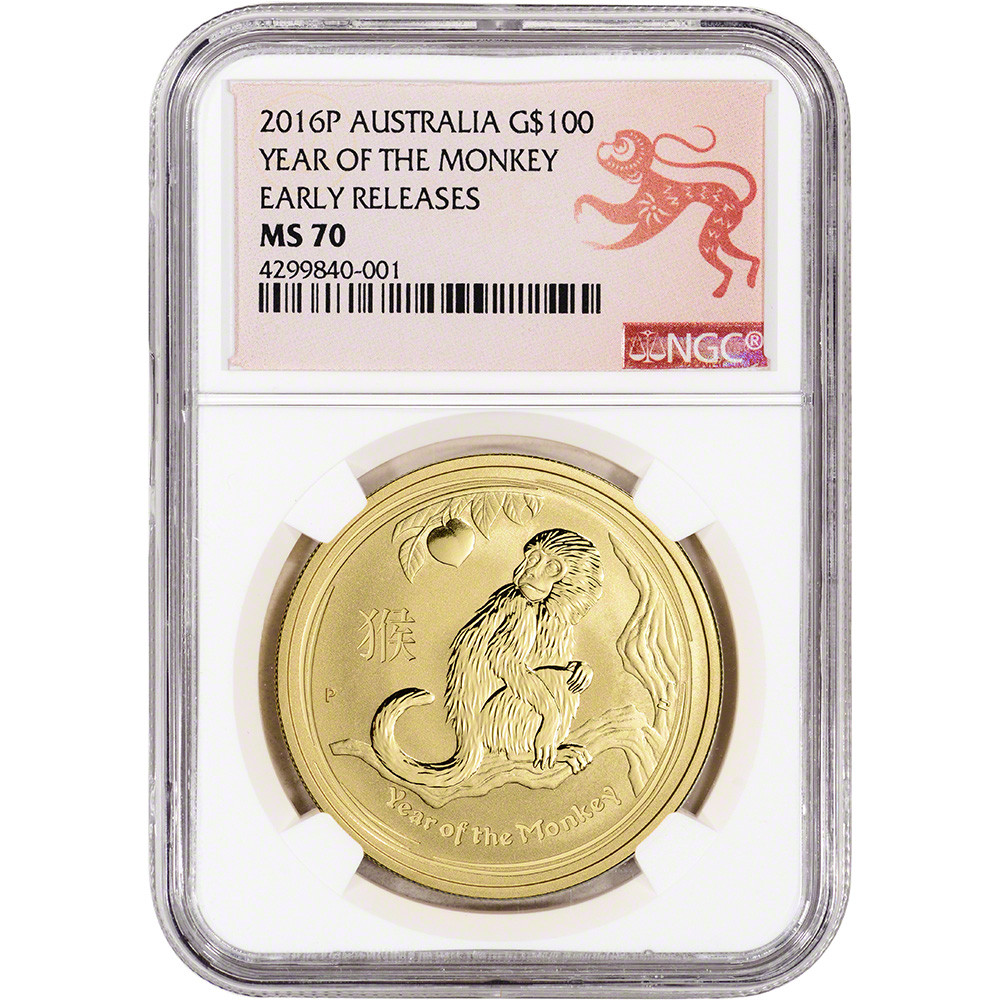 2016年 オーストラリアカンガルーNGCMS70 4297219-069 2016 P Australia Gold Lunar Year of the Monkey 1 oz $100 NGC MS70