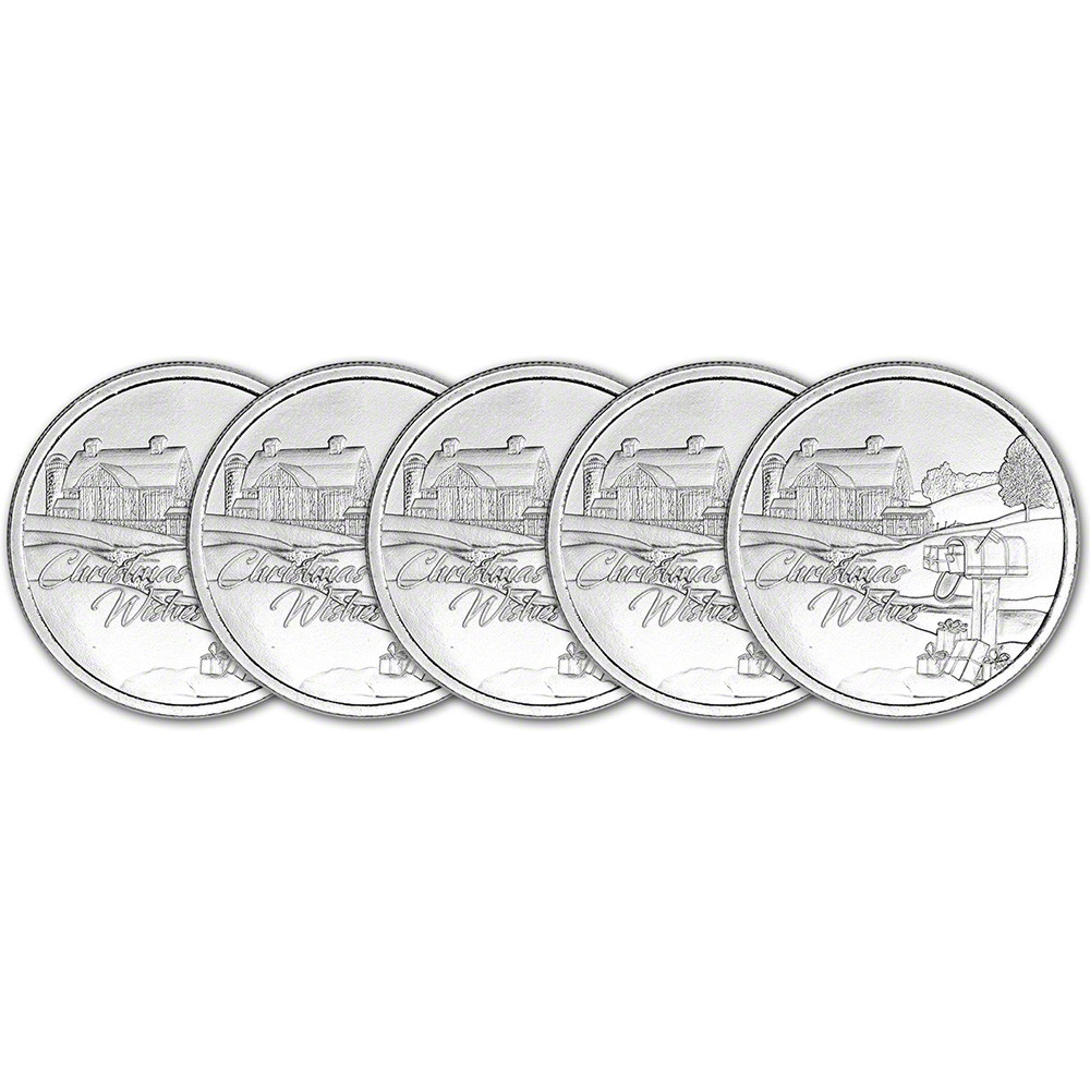 FIVE (5) 1 oz Silver Round CNT Christmas Barn Design .9999 Fine [SILVER ...