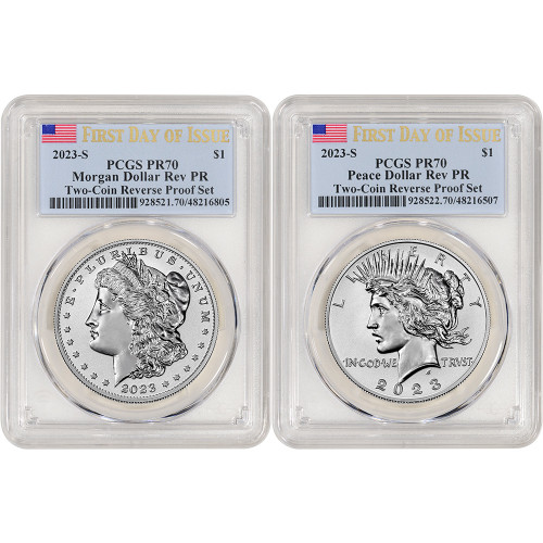 2023 S US 2 Coin Morgan Peace Silver Dollar Reverse Proof Set PCGS PR70 First Da [23-S-MORPEA-REV-2SET-P-PR70-FDI]