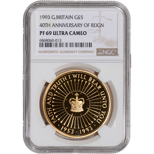 1993 Great Britain Gold 40th Anniversary of Reign Proof £5  - NGC PF69 UCAM [WG-03147]