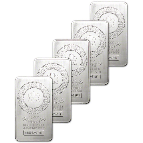 FIVE (5) 10 oz. RCM Silver Bar - Royal Canadian Mint .9999 Fine [SILVER-Bar-10oz-RCM(5)]