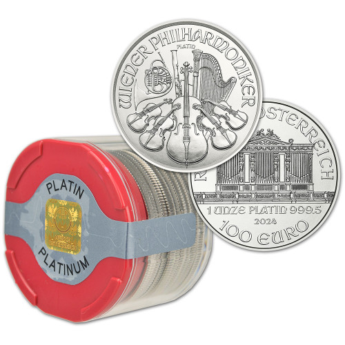 2024 Austria Platinum Philharmonic 1 oz 100 Euro 1 Roll 10 BU Coins in Mint Tube [24-PHIL-PT100-BU(10)]