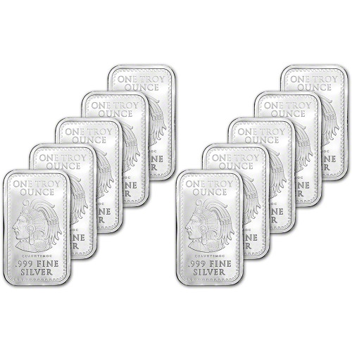TEN (10) 1 oz. Golden State Mint Silver Bar Aztec Calendar .999 Fine [SILVER-Bar-1oz-GSM-AZTEC(10)]