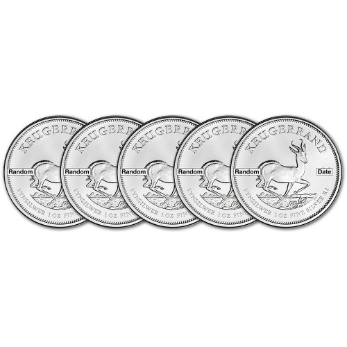 South Africa Silver Krugerrand 1 oz 1 Rand - BU Random Date Five 5 Coins [X-KR-S1-BU(5)]