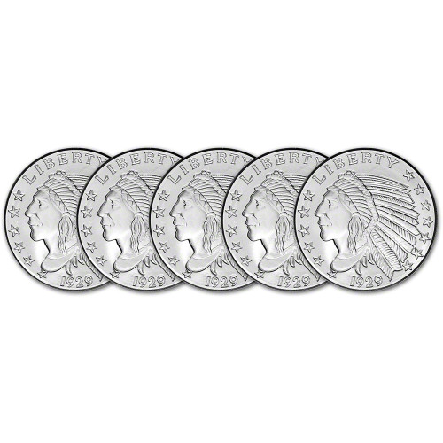 FIVE (5) 2 oz. Golden State Mint Silver Round Incuse Indian .999 Fine [SILVER-Rnd-2oz-GSM-IND(5)]