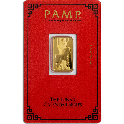 5 gram Gold Bar - PAMP Suisse - Lunar Year of the Horse - 999.9 Fine in Assay [GOLD-Bar-5g-PAMP-HORSE]