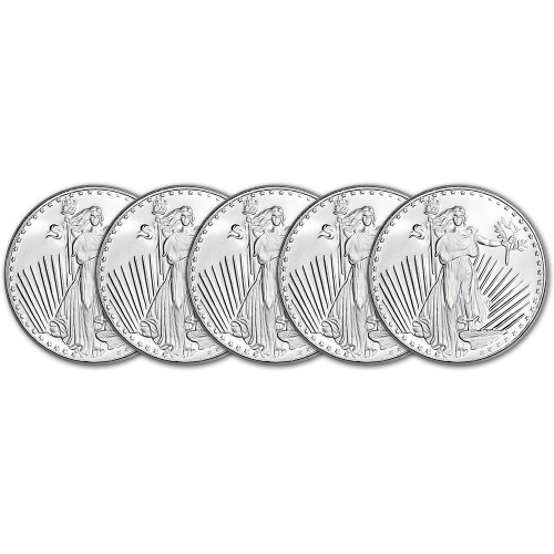 FIVE (5) 1 oz. Silvertowne Silver Round Saint-Gaudens Design .999 Fine Silver [SILVER-Rnd-1oz-ST-STG(5)]