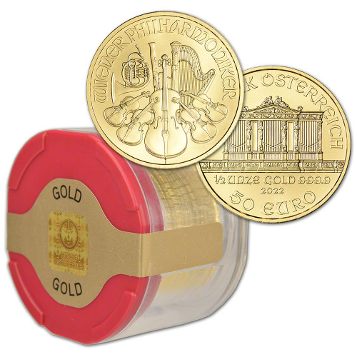 2022 Austria Gold Philharmonic 1/2 oz 50 Euro - 1 Roll 10 BU Coins in Mint Tube [22-PHIL-G50-BU(10)]