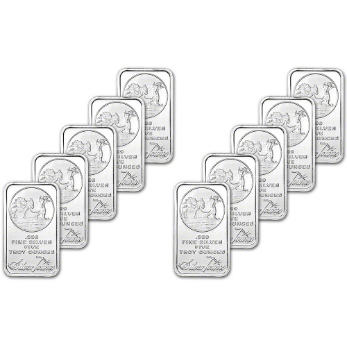 TEN 5 oz. SilverTowne Silver Bar - Trademark Prospector Design - 999 Fine [SILVER-Bar-5oz-ST-TR(10)]