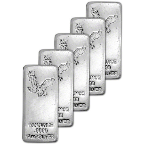 FIVE (5) 100 oz Silver Bar CNT Eagle Design .9999 Fine [SILVER-Bar-100oz-CNT-EAGLE(5)]