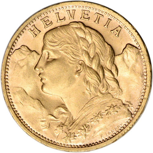 Swiss Gold 20 Francs (.1867 oz) - Helvetia - BU - Pre 1934