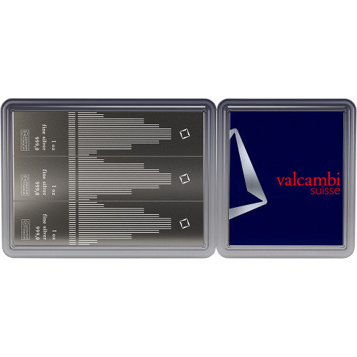 3 oz Valcambi 3x1 oz Silver Skyline CombiBar with Assay Card [VALCAMBI-SILVER-3x1-SKY]