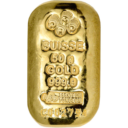 50 gram Gold Bar - PAMP Suisse - Poured - 999.9 Fine with Assay [GOLD-Bar-50g-PAMP-Pour-Assay]