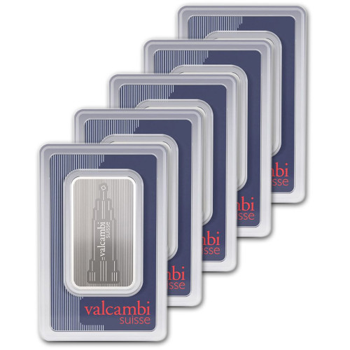 FIVE (5) 1 oz Silver Bar Valcambi Suisse Skyline .999 Fine in Sealed Assay Card [SILVER-Bar-1oz-VALCAMBI-SKY(5)]