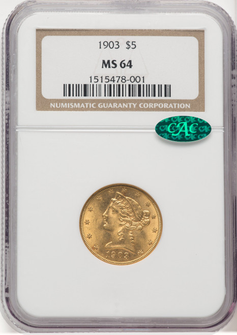 1903 US Gold $5 Liberty Head Half Eagle - NGC MS 64 CAC [V-HA-519409210]