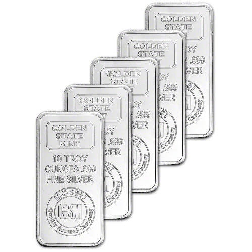 FIVE (5) 10 oz. Golden State Mint Silver Bar - .999 Fine [SILVER-Bar-10oz-GSM(5)]