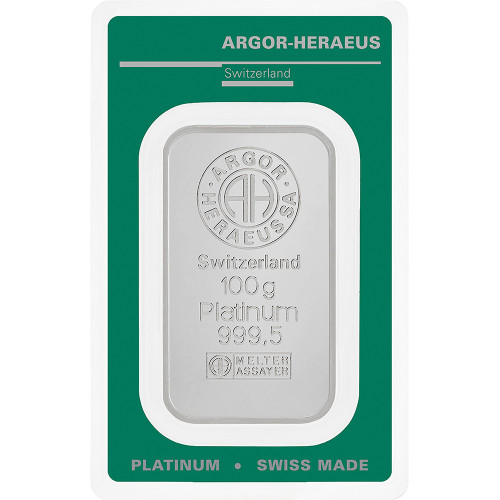 100 gram Platinum Bar - Argor Heraeus - 999.5 Fine in Assay [PT-Bar-100g-AH-Assay]